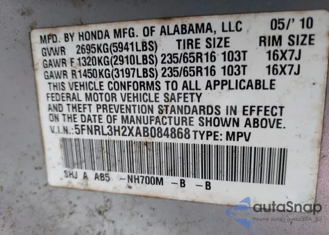 2010 Honda Odyssey Lx from USA, damaged, VIN 5FNRL3H2XAB084868
